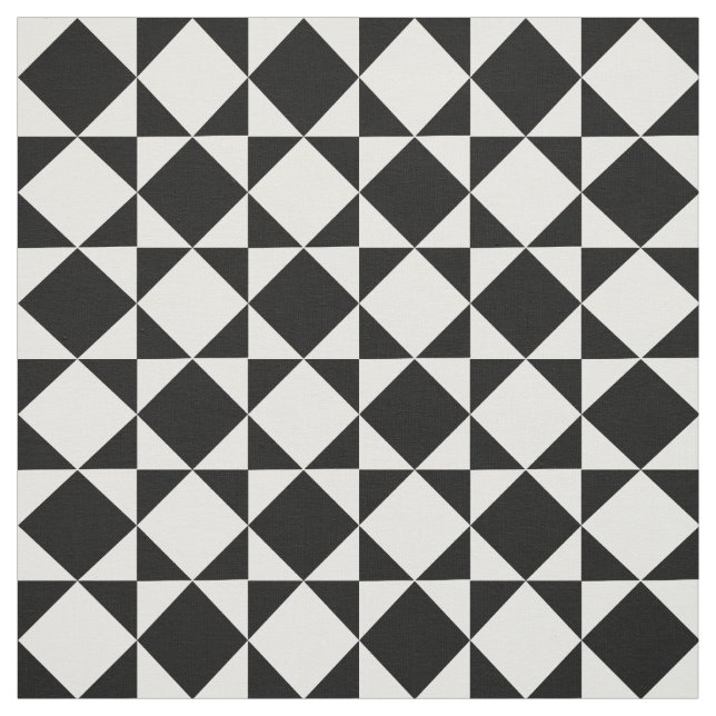 White Black Retro Squares Triangles Pattern Fabric (Swatch)