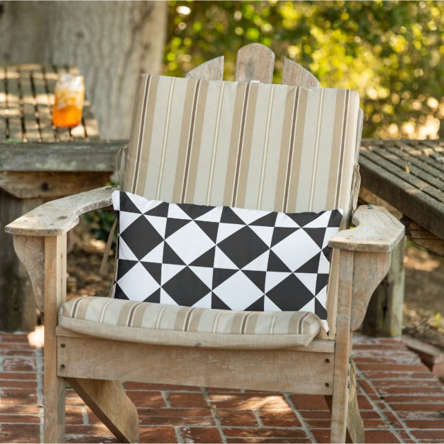 White Black Retro Squares Triangles Pattern Lumbar Cushion (Chair)