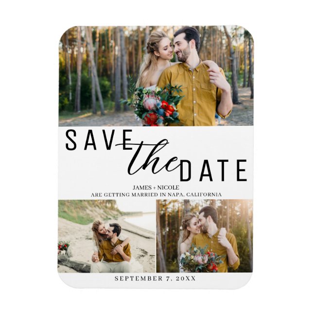 White & Black Save the Date Wedding 3 Photos Magnet (Vertical)