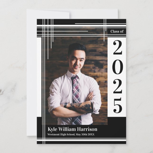White Black School Color Graduation Photo Plaid Invitation (Front)