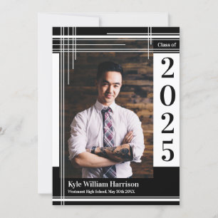 White Black School Colour Graduation Photo Plaid Invitation