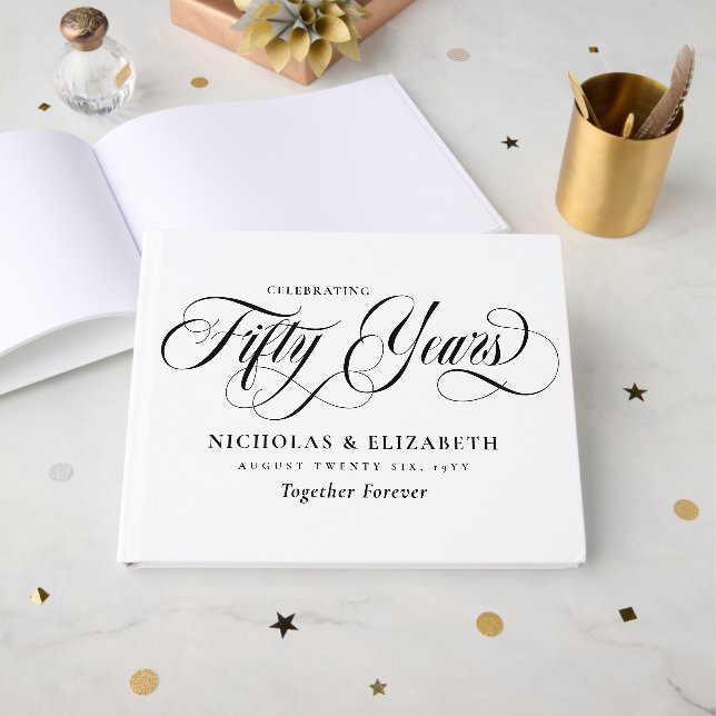 White Black Script 50th Wedding Anniversary Guest Book (Front Open)