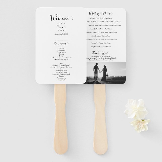 White & Black Script Photo Wedding Program Hand Fan (Front and Back)