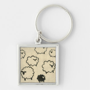 White & Black Sheep on Cream Background Key Ring