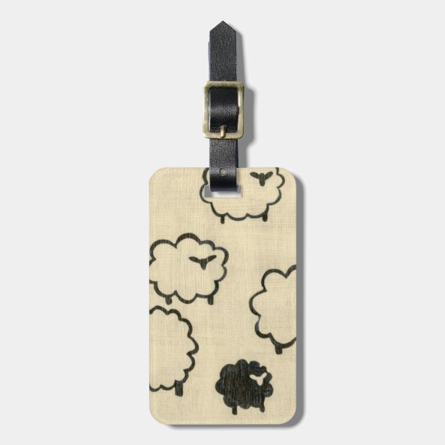White & Black Sheep on Cream Background Luggage Tag (Front Vertical)