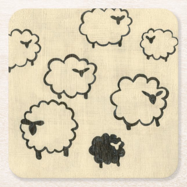 White & Black Sheep on Cream Background Square Paper Coaster (Front)