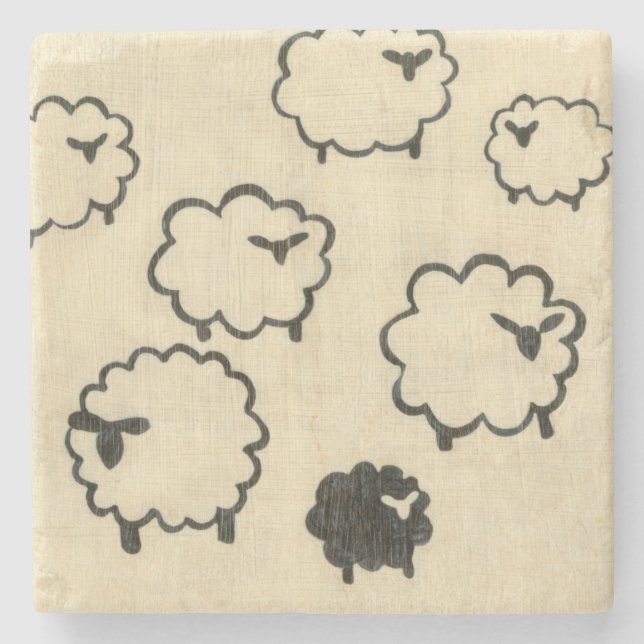 White & Black Sheep on Cream Background Stone Coaster (Front)