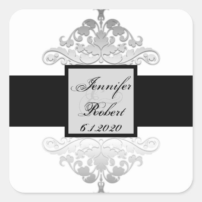 White Black Silver Damask Wedding Envelope Seal (Front)