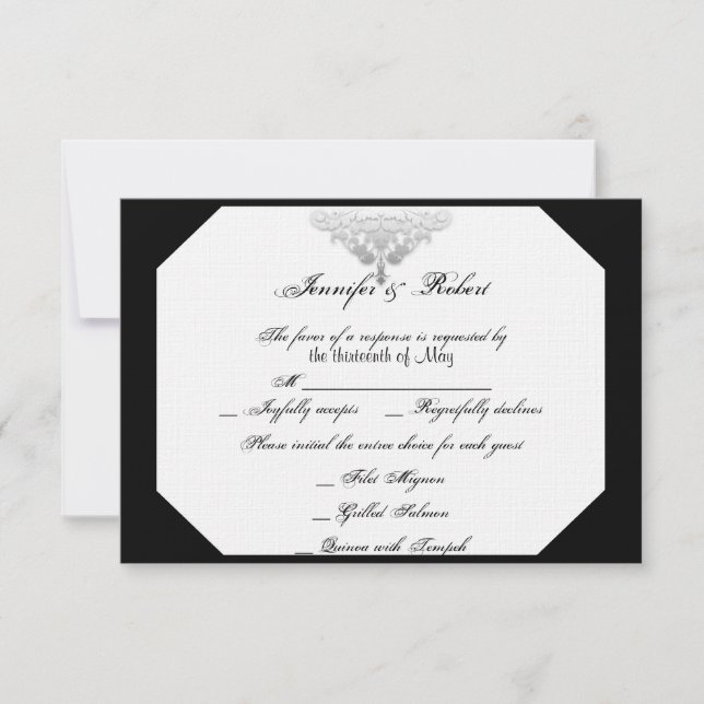 White Black Silver Damask Wedding Response Card (Front)