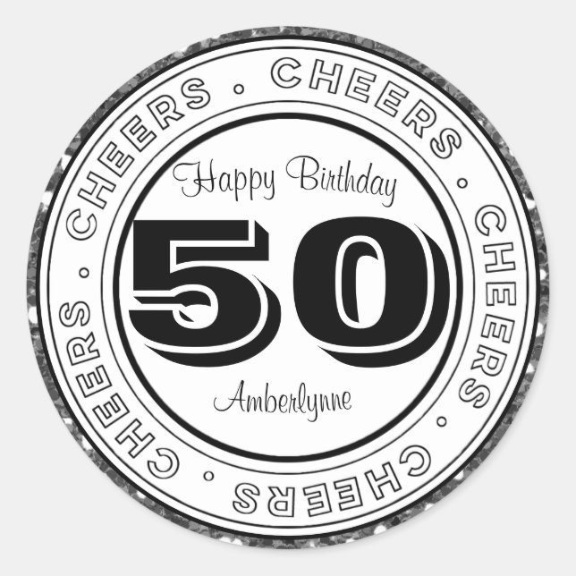 White Black Silver Glitter 50th Birthday Classic Round Sticker (Front)