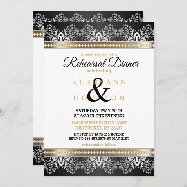 White, Black, Silver & Gold - Rehearsal Dinner Invitation (Front/Back)