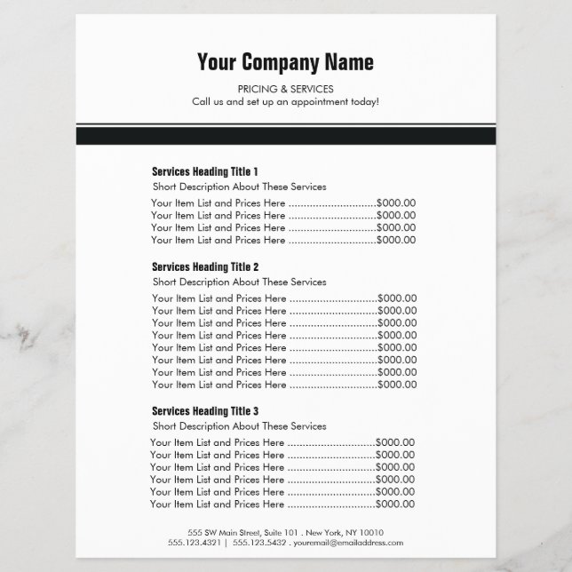White Black Simple Border Price List 3 Flyer (Front)