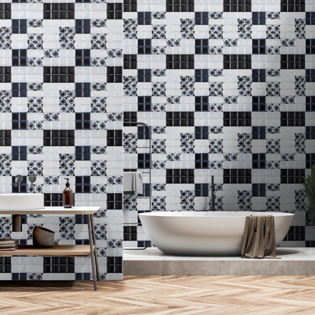White Black Small Tile Pattern Wallpaper (Bathroom)