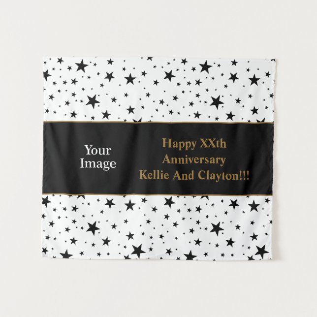 White/Black Stars With Message/Photo Anniversary Tapestry (Front (Horizontal))