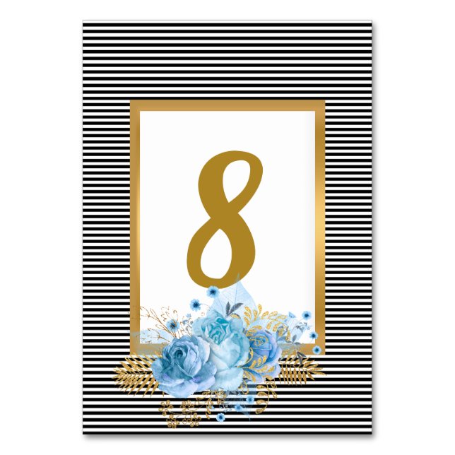 WHITE BLACK STRIPE BLUE BOUQUET TABLE NUMBER (Front)