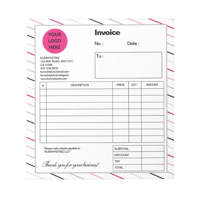 White Black Stripes Company Business Shop Invoice Notepad (Front)