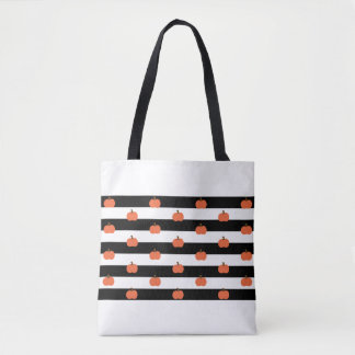 White & Black Stripes with Pumpkins - Halloween Tote Bag