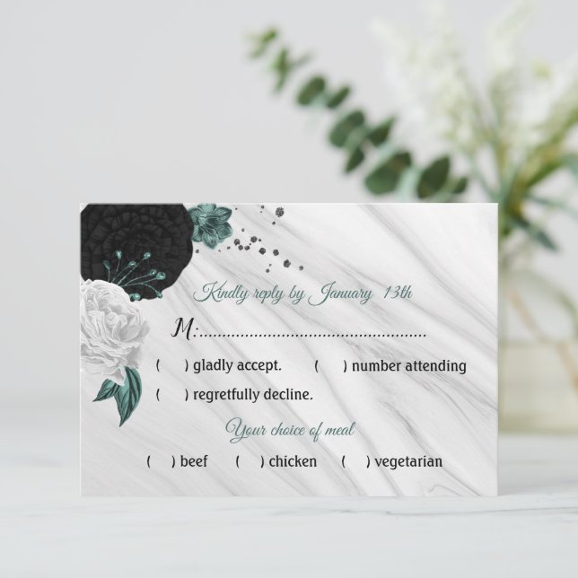 white black & teal flowers marble meal choice RSVP card (Standing Front)