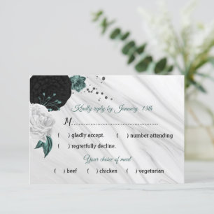 white black & teal flowers marble meal choice RSVP card