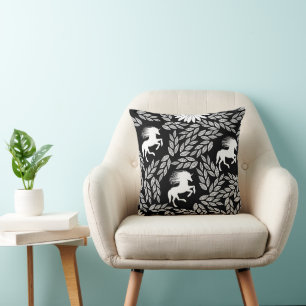 White & Black Trendy Unicorn & Floral Pattern Cushion