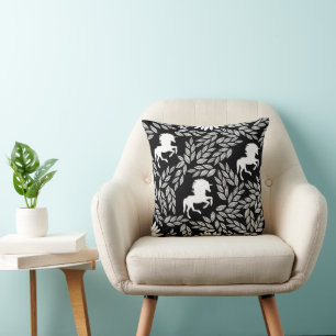 White & Black Trendy Unicorn & Floral Pattern Cushion