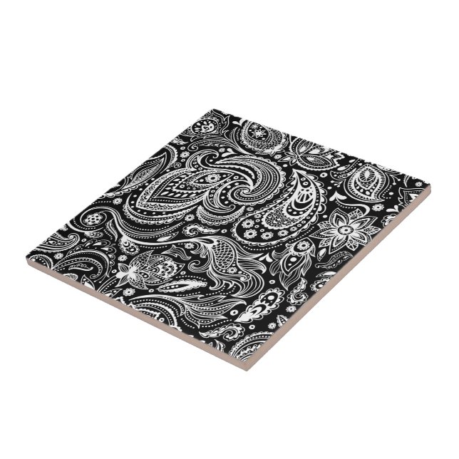 White & Black Vintage Floral Paisley Damasks Tile (Side)