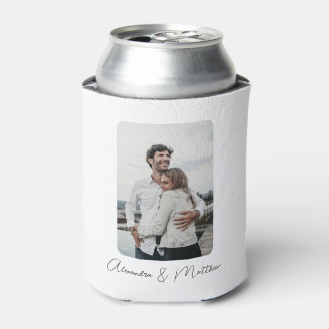 White Black Wedding Calligraphy Personalised Photo Can Cooler (Can Front)