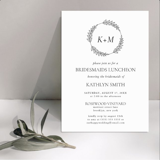 White Black Wreath Monogram Bridesmaids Luncheon Invitation (Creator Uploaded)