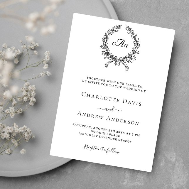 White black wreath monogram wedding invitation (Creator Uploaded)