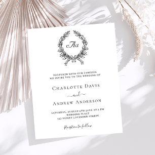 White black wreath monogram wedding invitation