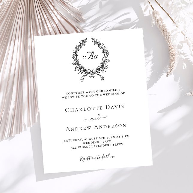 White black wreath monogram wedding invitation (Creator Uploaded)