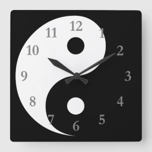 White Black Yin Yang Symbol with Grey Numbers Square Wall Clock