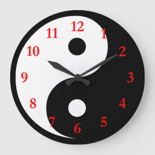 White/Black Yin Yang Symbol with Red Numbers Large Clock