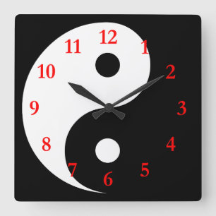 White/Black Yin Yang Symbol with Red Numbers Square Wall Clock