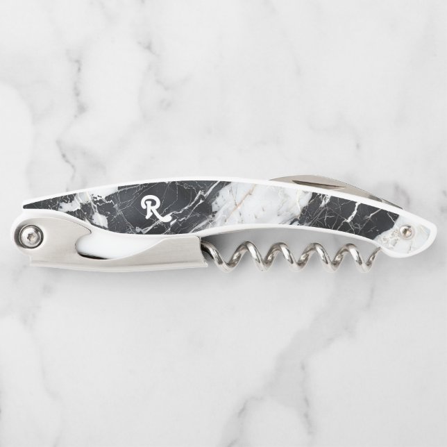 White & BlackFaux Marble Monogram Corkscrew (Front)