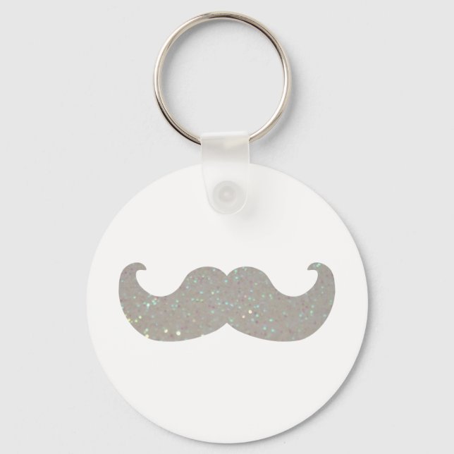 White Bling Moustache (Faux Glitter Graphic) Key Ring (Front)