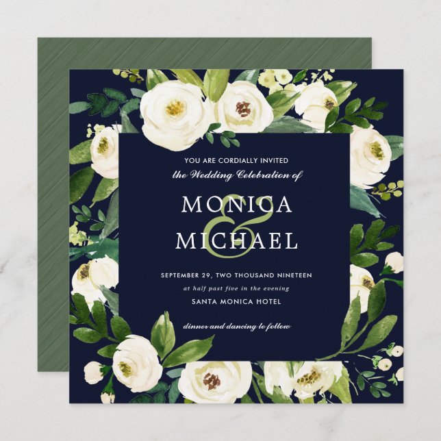 White Bloom | Blue Floral Botanical  Wedding Invitation (Front/Back)