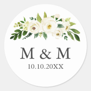 White Bloom Floral Wedding Classic Monogram Round Sticker