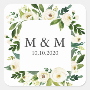 White Bloom Frame Floral Wedding Classic Monogram Square Sticker
