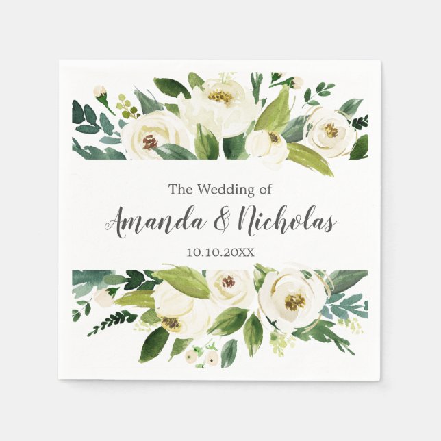 White Bloom |  Rustic Floral green Wedding Napkin (Front)