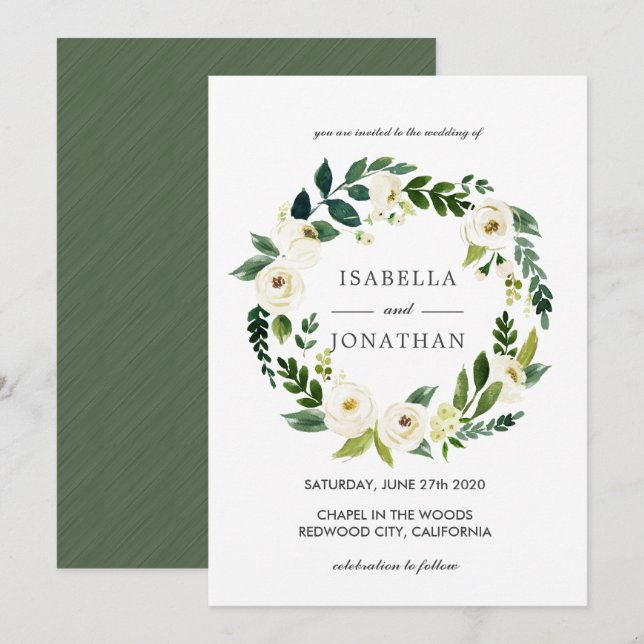 White Bloom | Watercolor Full Wreath wedding Invitation (Front/Back)