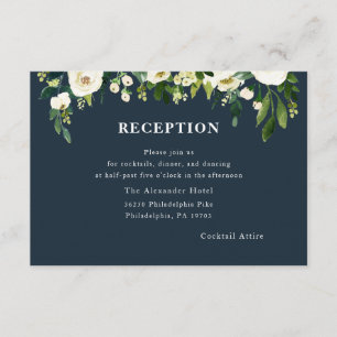 White Bloom Wedding Reception Card   Navy
