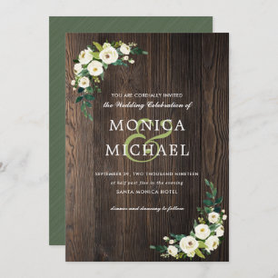 White Bloom   Wood Floral Botanical Corner Wedding Invitation