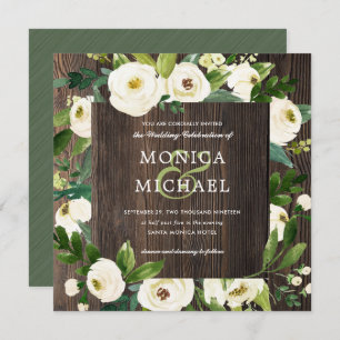 White Bloom   Wood Floral Botanical  Wedding Invitation
