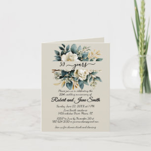 White blooming flower 50th wedding anniversary invitation