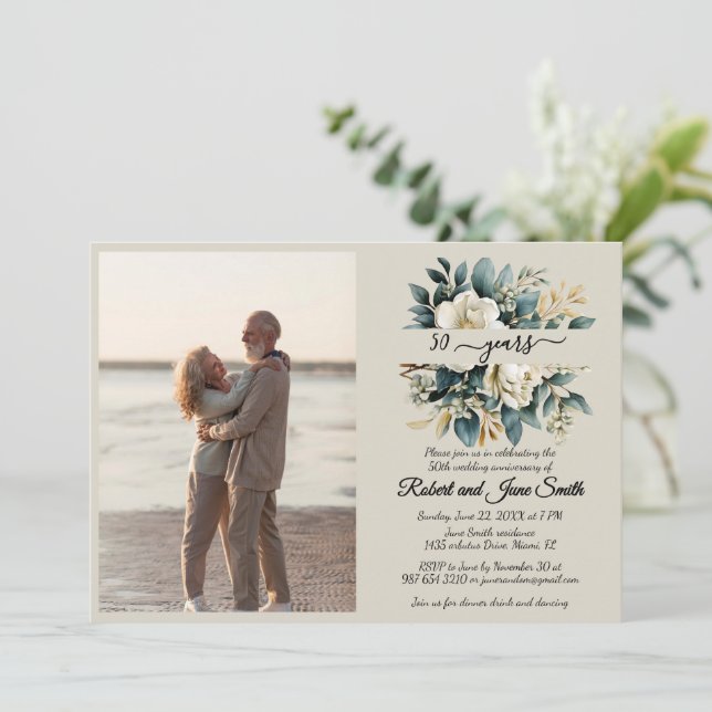 White blooming flower 50th wedding anniversary  invitation (Standing Front)
