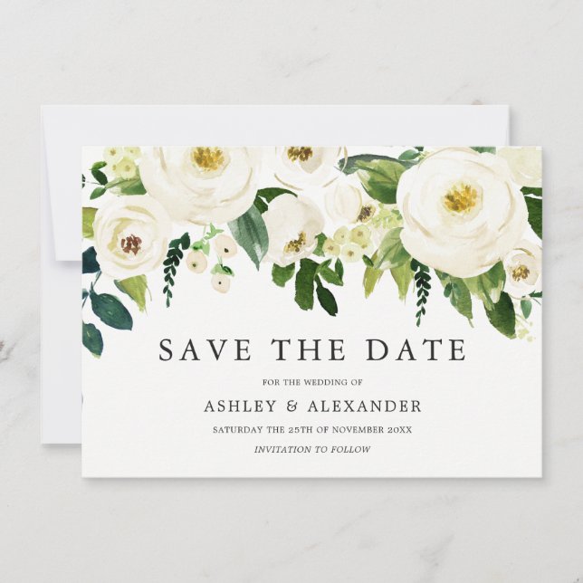 White Blooming Flowers Elegant All Seasons Save The Date (Front)