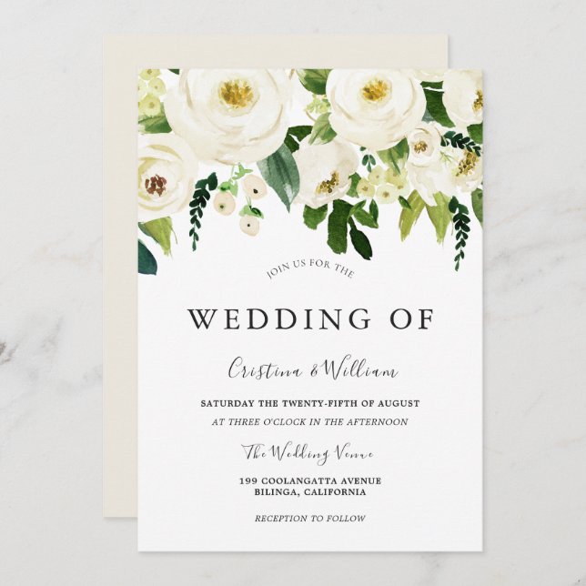 White Blooming Flowers Elegant Wedding Invitation (Front/Back)
