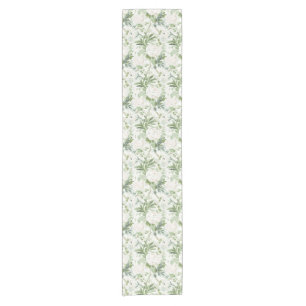 White Blooms and Green Leaves on Cream Short Table Runner