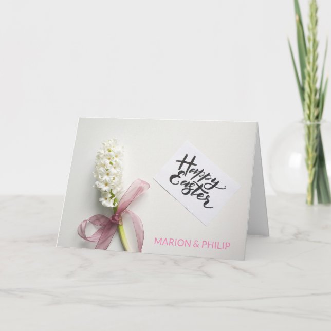 White Blossom And Pink Ribbon-Happy Easter Holiday Card (Front)